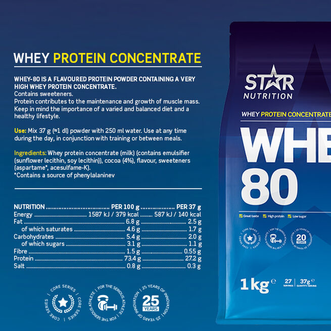 Whey-80 Vassleprotein 1 kg Double Rich Chocolate