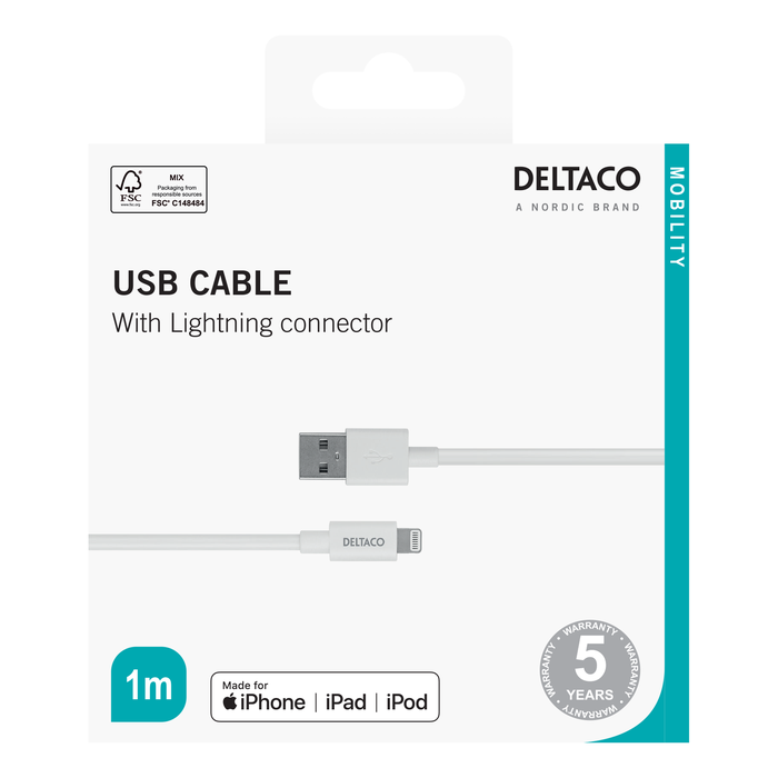 USB-A till Lightning-kabel 1 m Vit