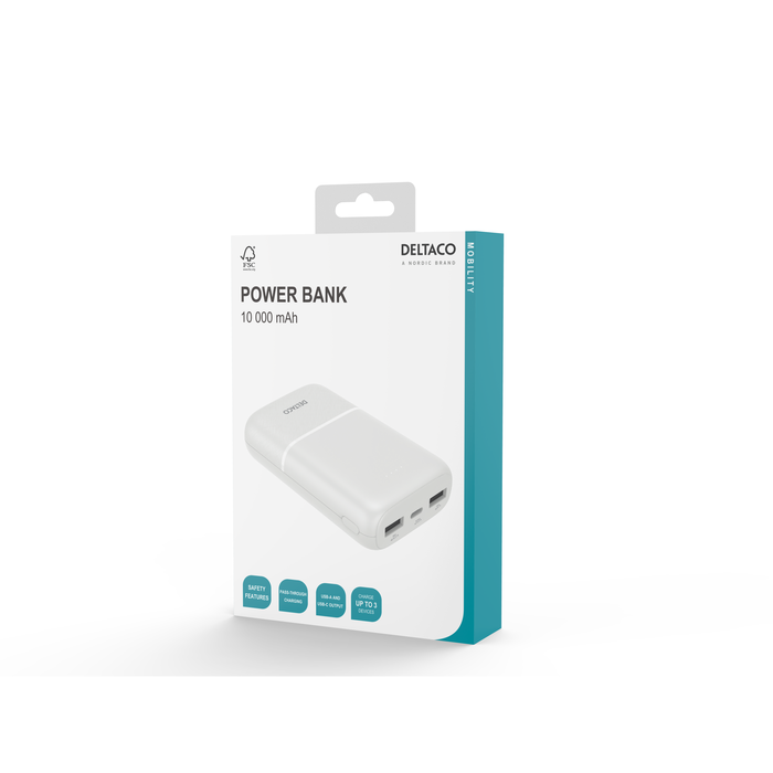 Powerbank 10 000 mAh med 2x USB-A och 1x USB-C Vit